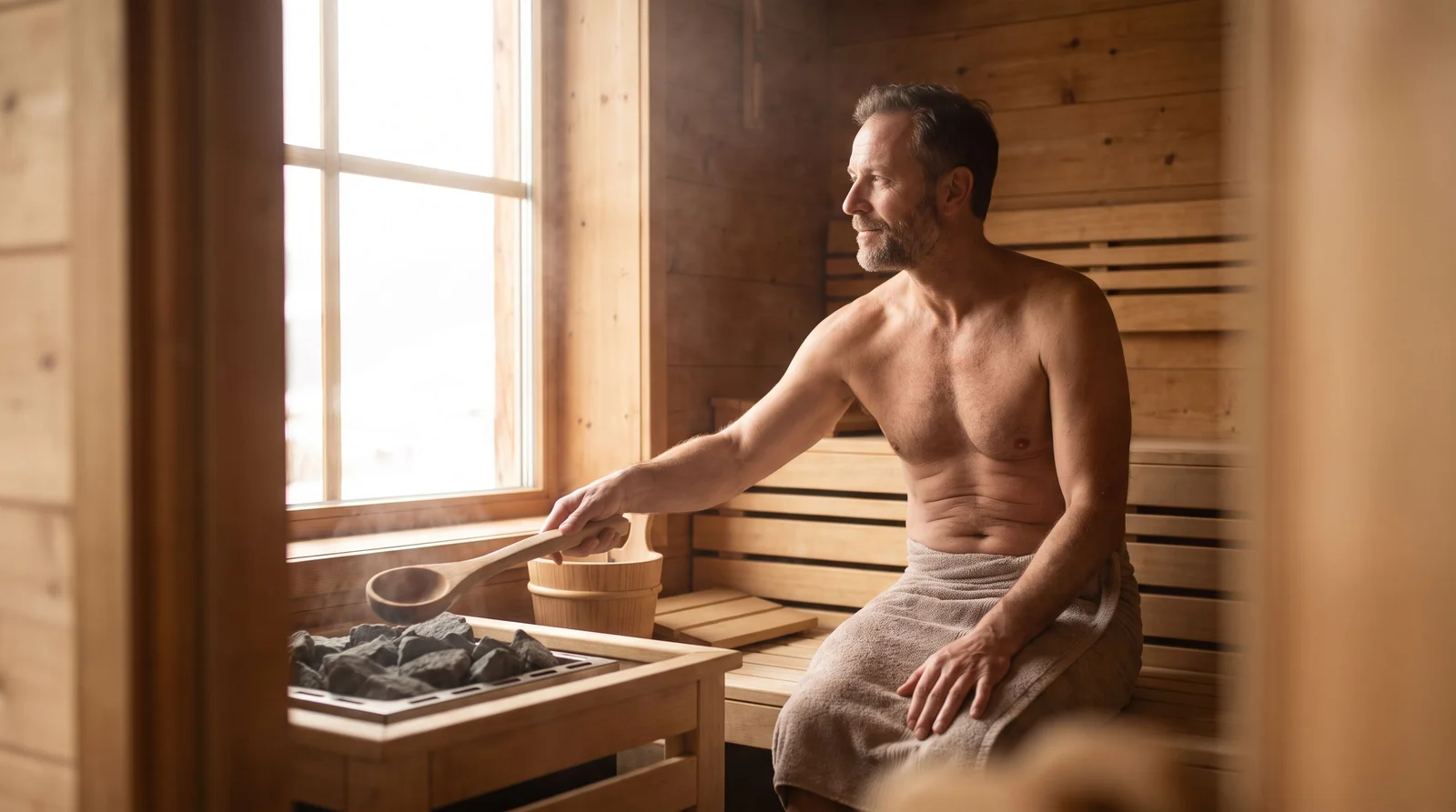 Drvena privatna sauna s upaljenim kamenjem u unutrašnjosti vile